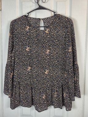 J.Crew 100% Silk Peplum Bell Sleeve S Floral Black with Gold Medallion  Blouse